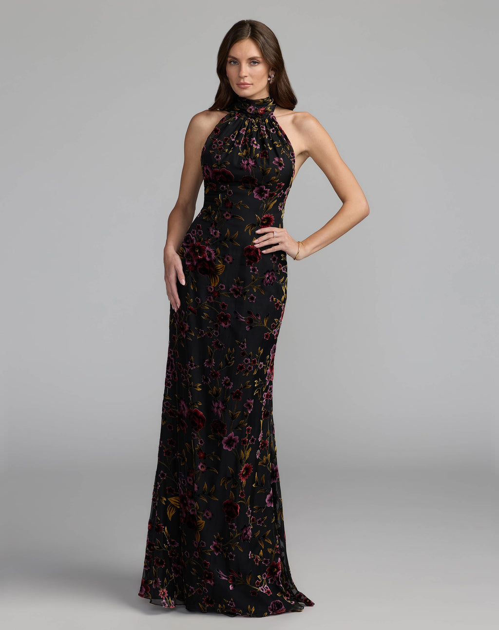 Black Floral Burnout Velvet Halter Gown Contemporary Collection