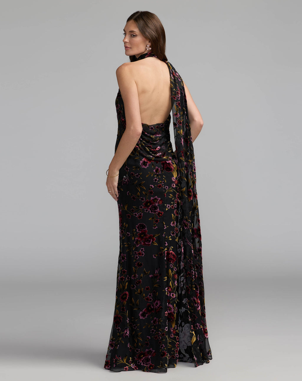 Black Floral Burnout Velvet Halter Gown Contemporary Collection