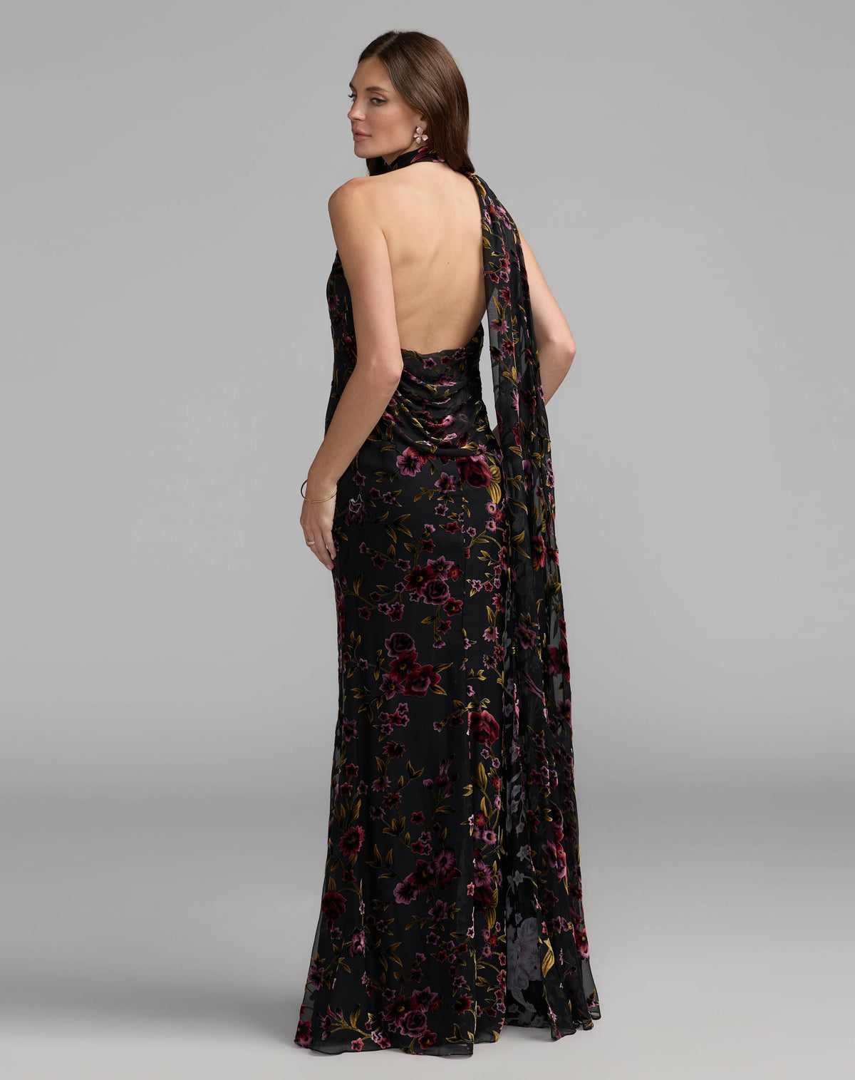 Black Floral Burnout Velvet Halter Gown Contemporary Collection