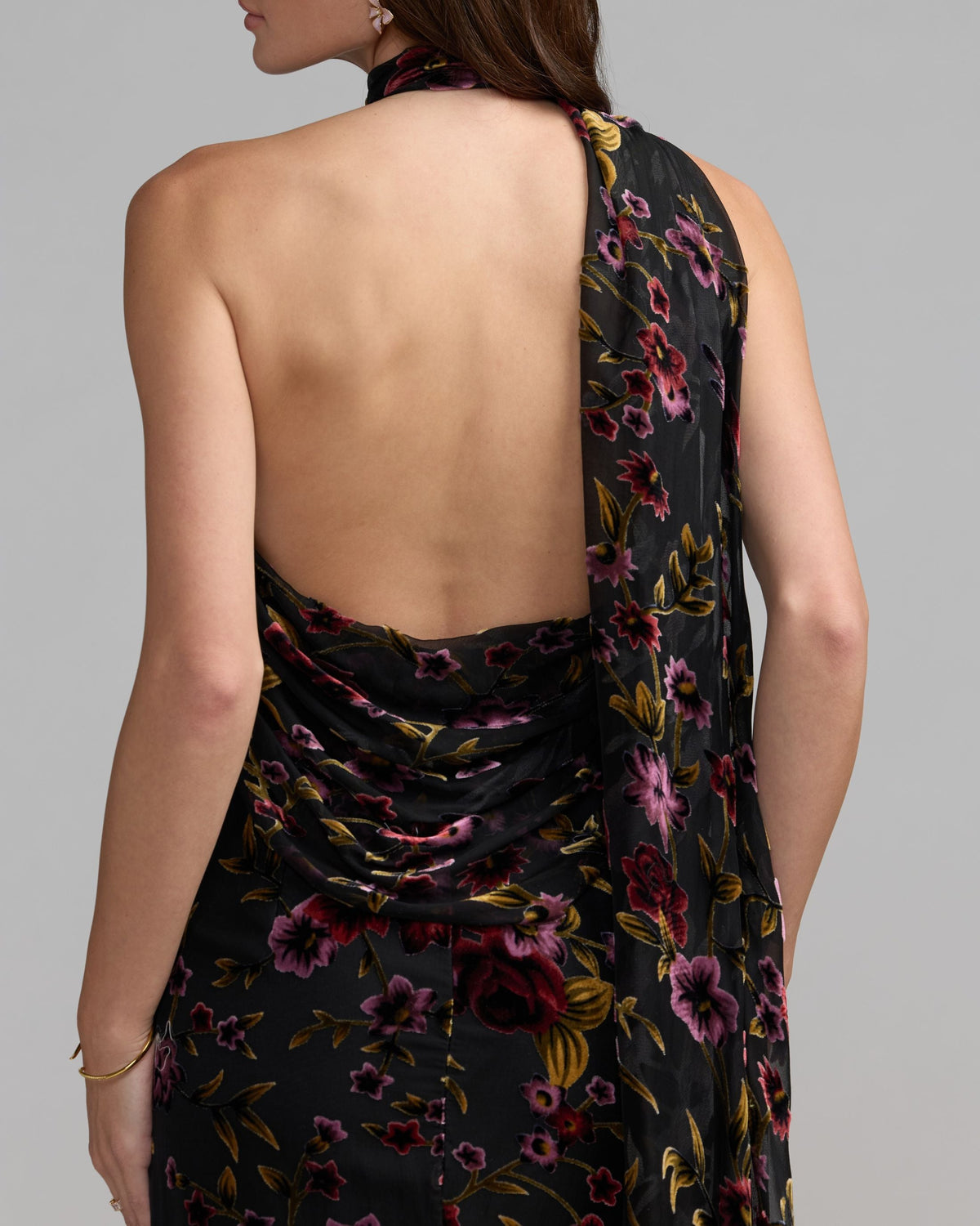 Black Floral Burnout Velvet Halter Gown Contemporary Collection