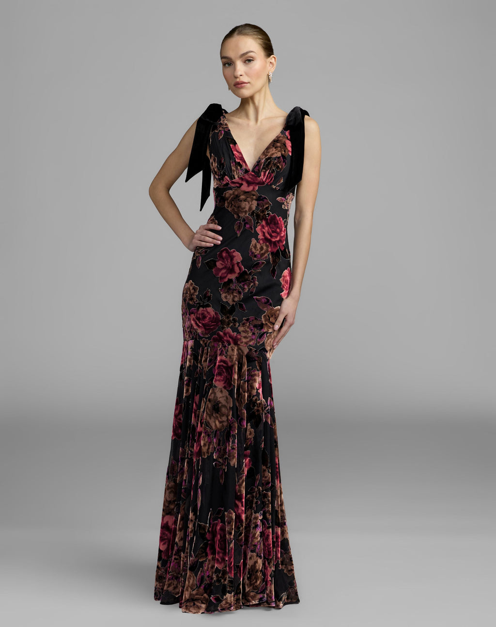 Multicolor Floral Velvet Mermaid Gown With Bows - Contemporary Collection