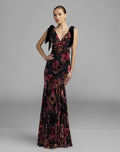 Multicolor Floral Velvet Mermaid Gown With Bows - Contemporary Collection