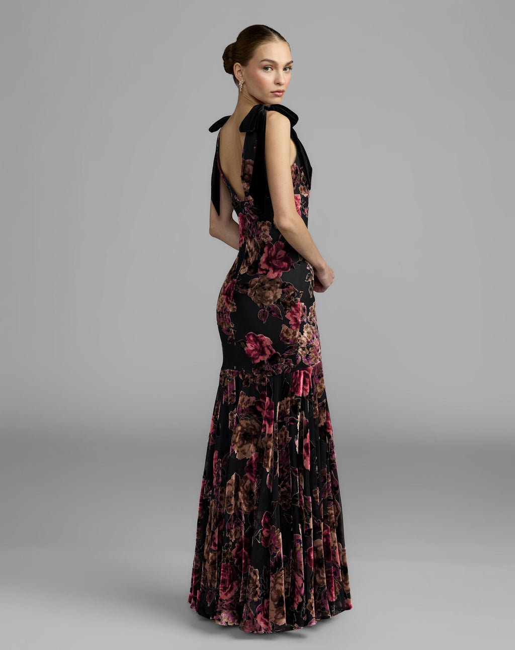 Multicolor Floral Velvet Mermaid Gown With Bows - Contemporary Collection
