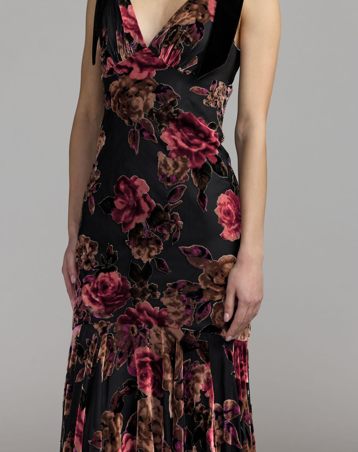 Multicolor Floral Velvet Mermaid Gown With Bows - Contemporary Collection