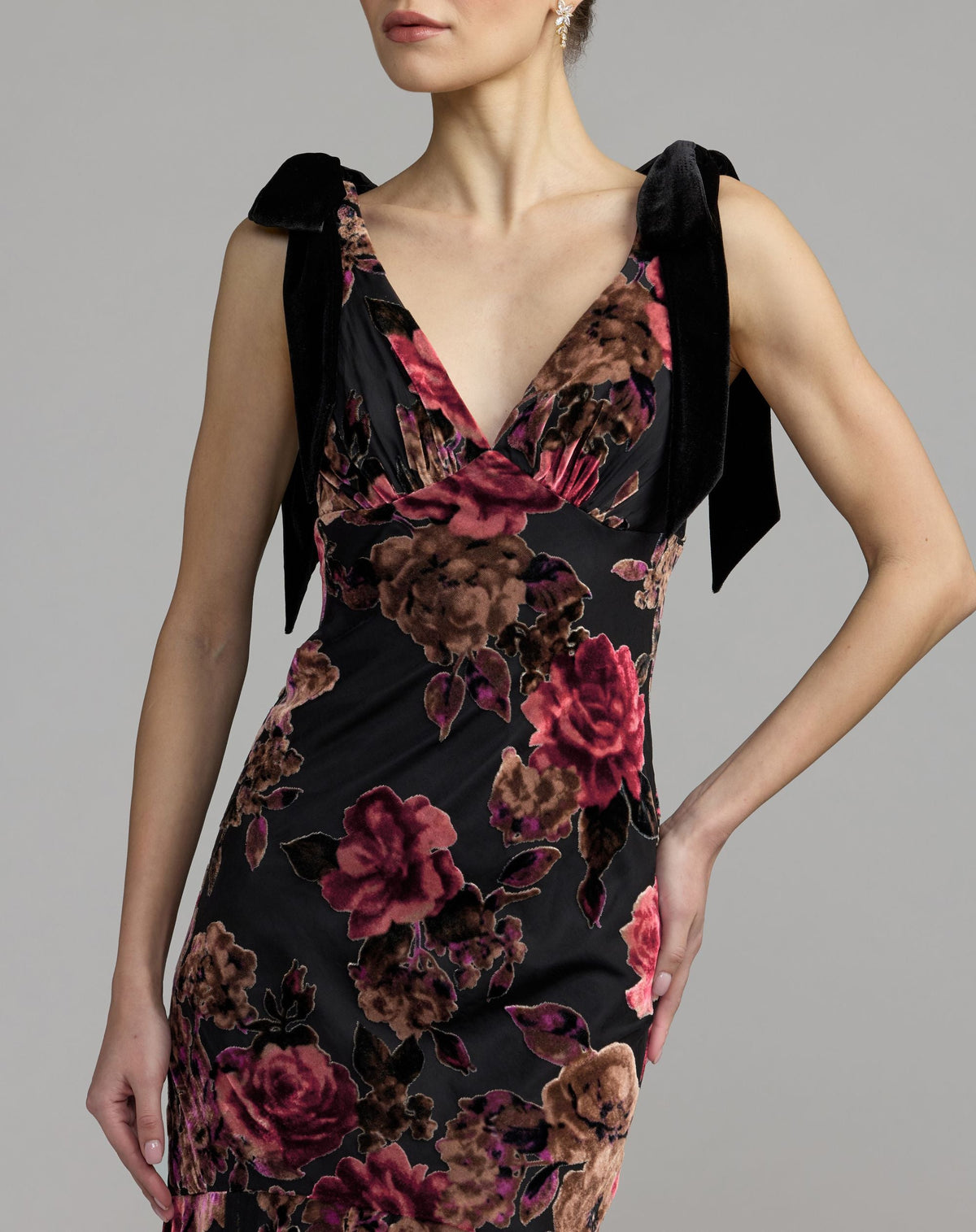 Multicolor Floral Velvet Mermaid Gown With Bows - Contemporary Collection