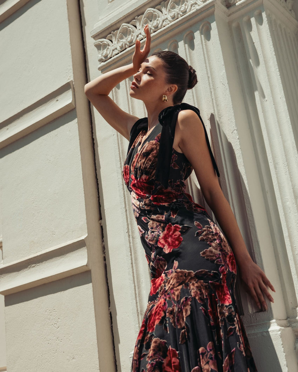 Multicolor Floral Velvet Mermaid Gown With Bows - Contemporary Collection