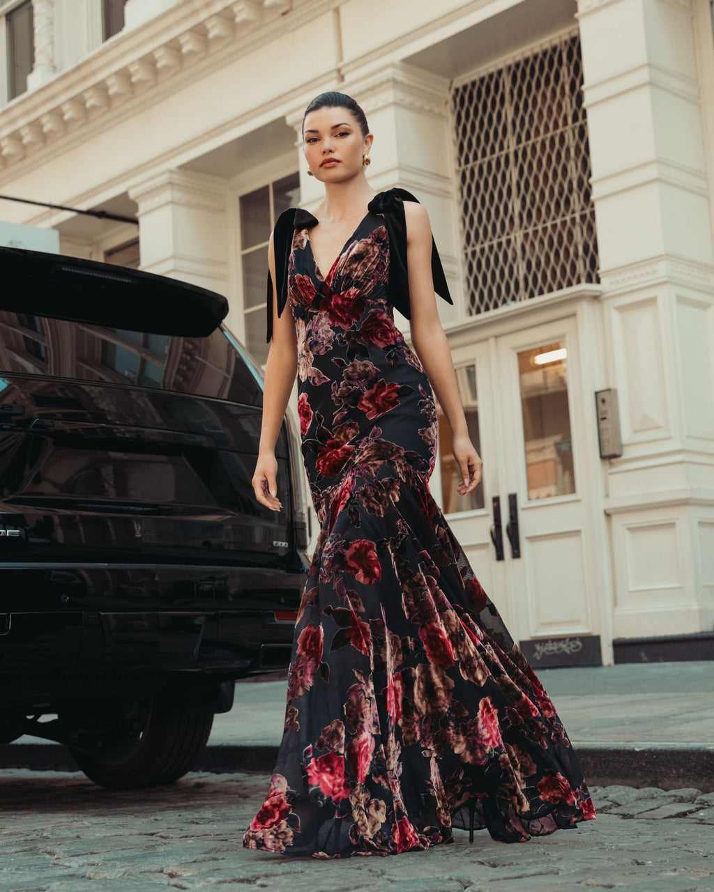 Multicolor Floral Velvet Mermaid Gown With Bows - Contemporary Collection