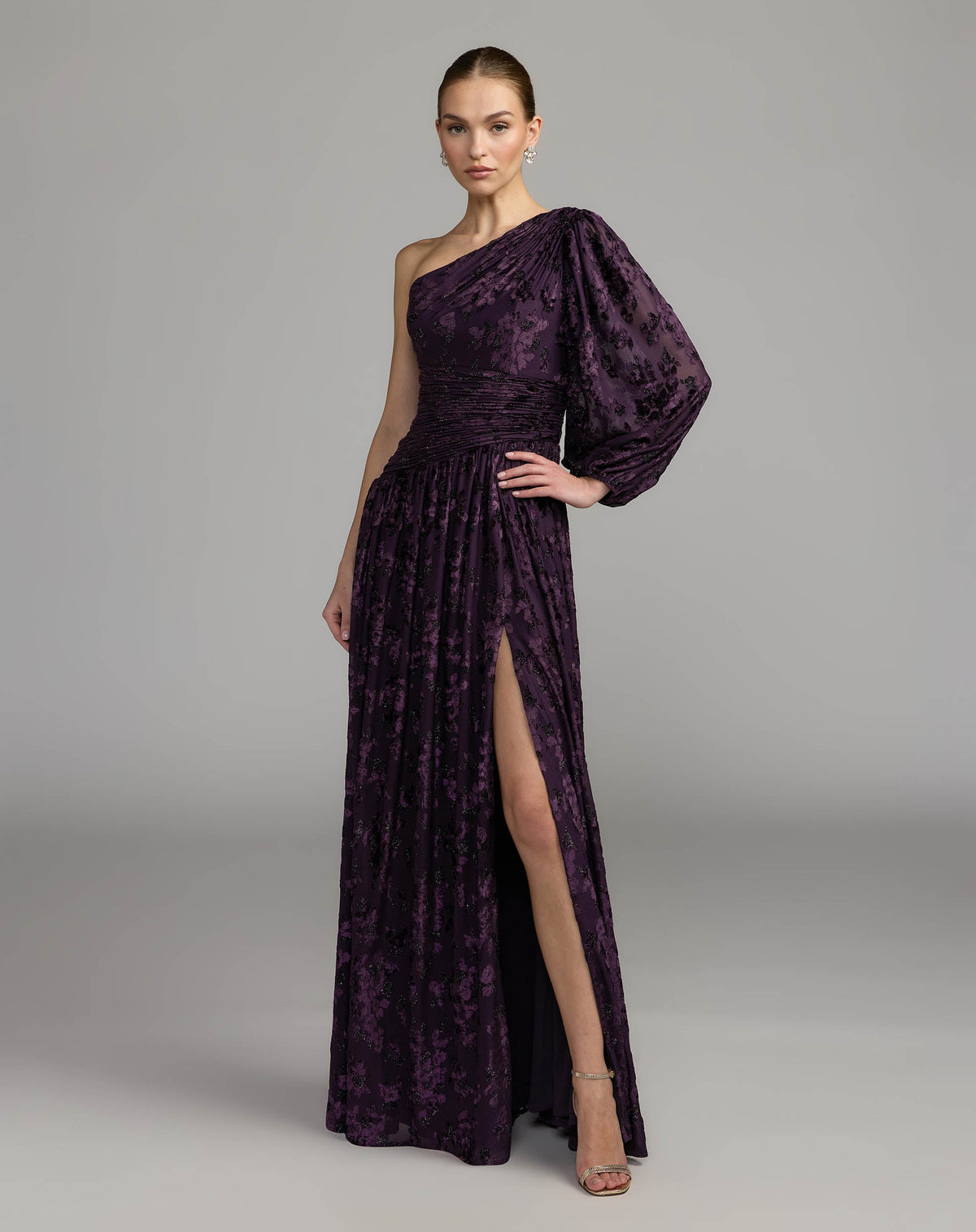 Amethyst One Shoulder Long Sleeve Burnout Velvet Gown - Contemporary Collection