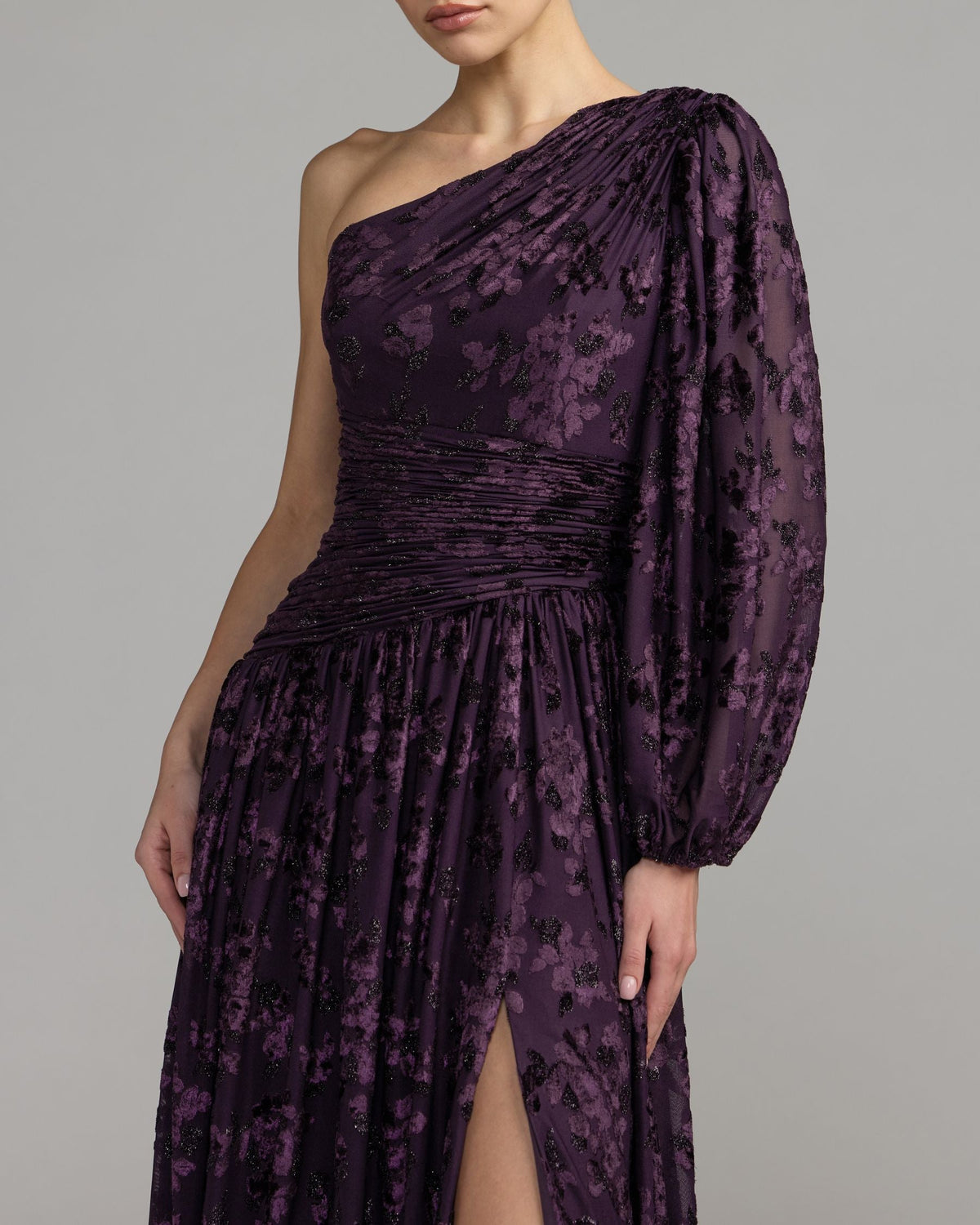 Amethyst One Shoulder Long Sleeve Burnout Velvet Gown - Contemporary Collection