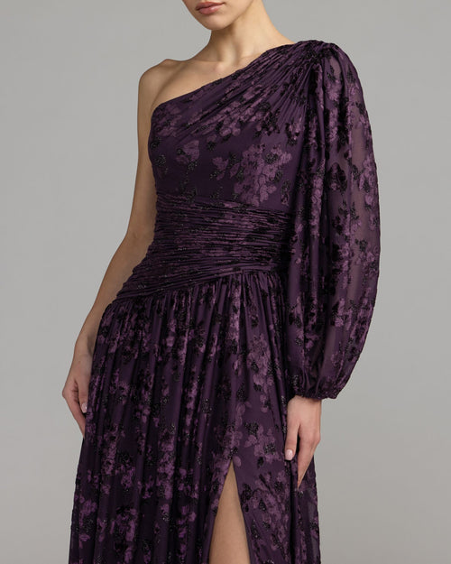 Amethyst One Shoulder Long Sleeve Burnout Velvet Gown - Contemporary Collection