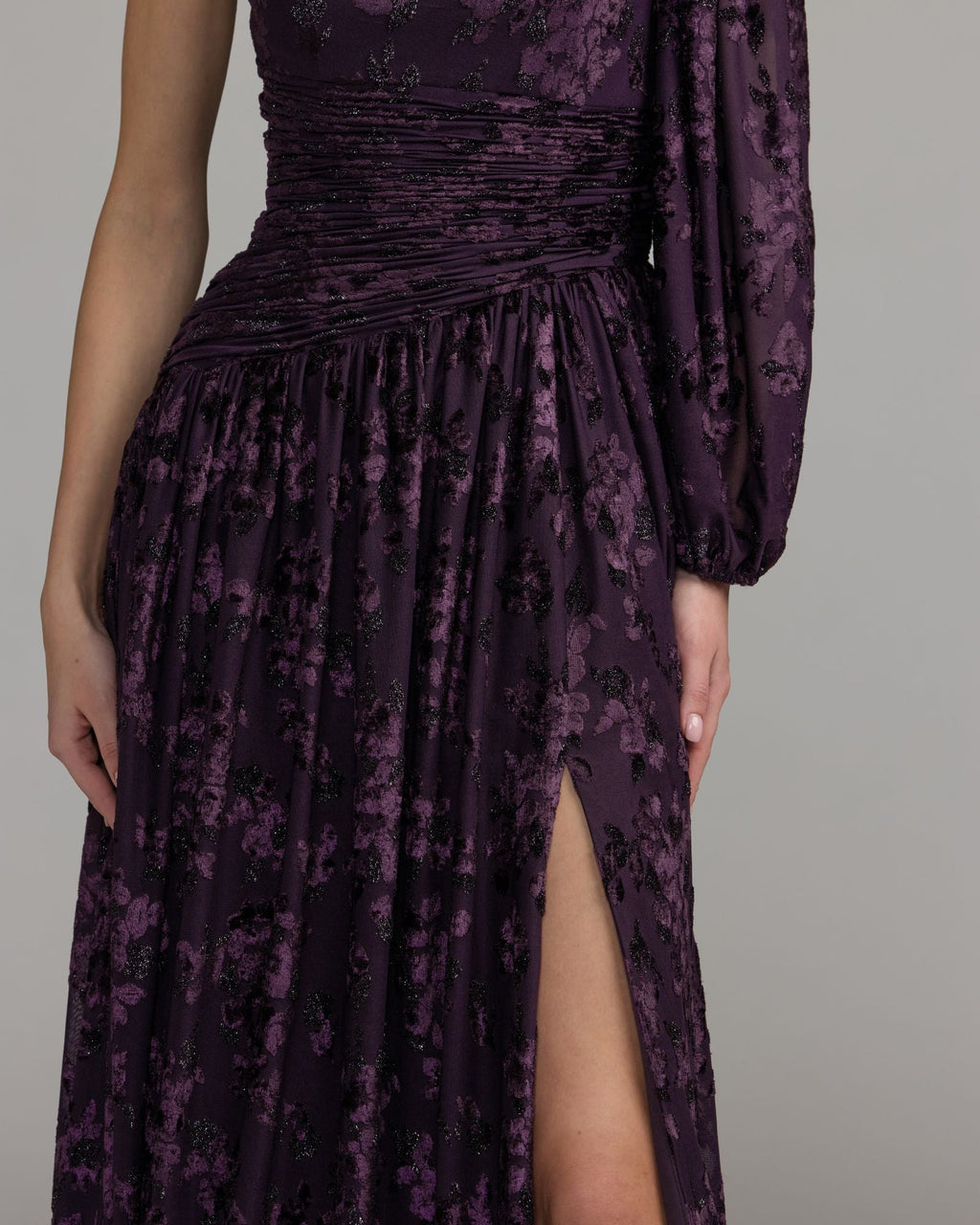 Amethyst One Shoulder Long Sleeve Burnout Velvet Gown - Contemporary Collection