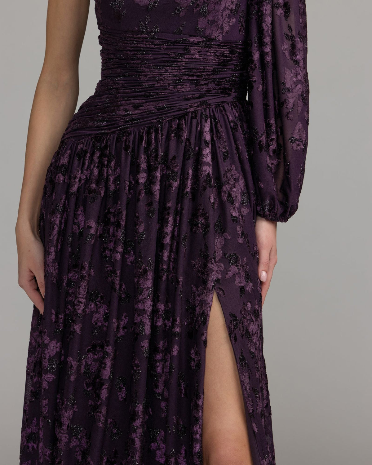 Amethyst One Shoulder Long Sleeve Burnout Velvet Gown - Contemporary Collection