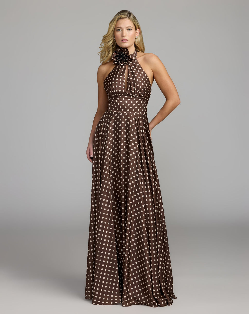Brown Polka Dot A-Line Halter Gown With Rosette - Contemporary Collection