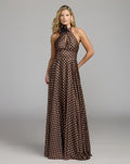 Brown Polka Dot A-Line Halter Gown With Rosette - Contemporary Collection
