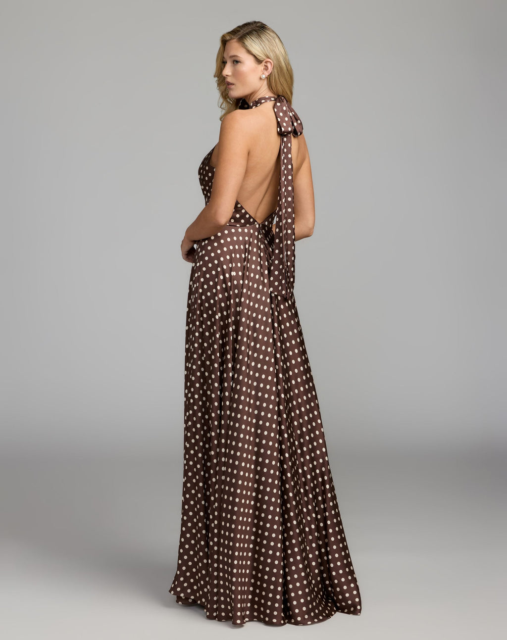 Brown Polka Dot A-Line Halter Gown With Rosette - Contemporary Collection
