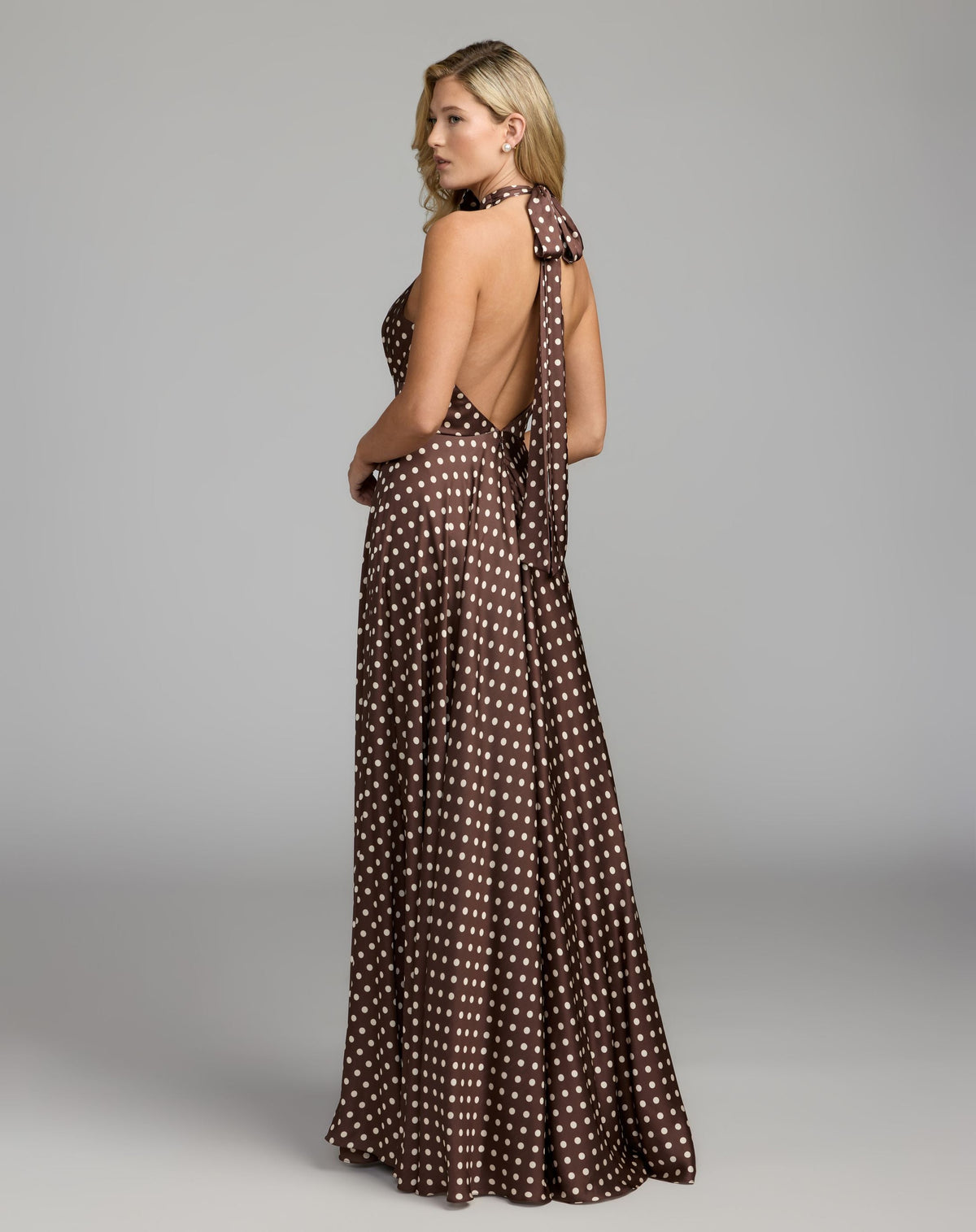 Brown Polka Dot A-Line Halter Gown With Rosette - Contemporary Collection