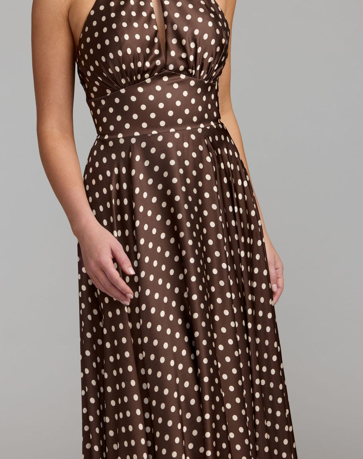 Brown Polka Dot A-Line Halter Gown With Rosette - Contemporary Collection