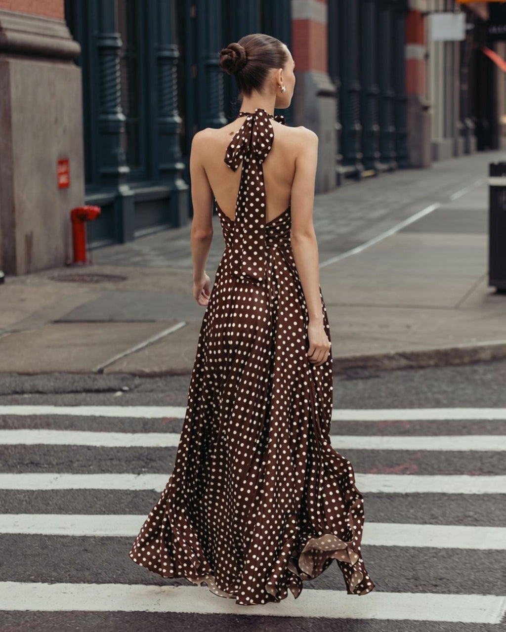 Brown Polka Dot A-Line Halter Gown With Rosette - Contemporary Collection