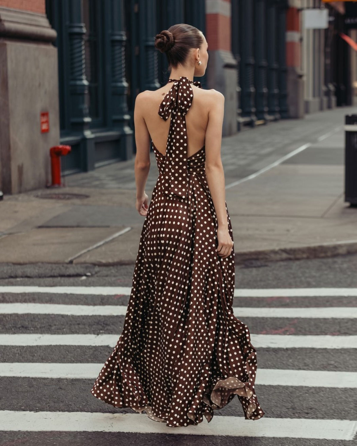 Brown Polka Dot A-Line Halter Gown With Rosette - Contemporary Collection