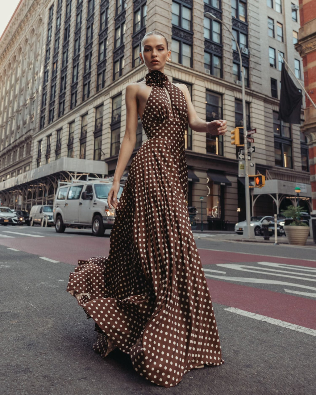 Brown Polka Dot A-Line Halter Gown With Rosette - Contemporary Collection
