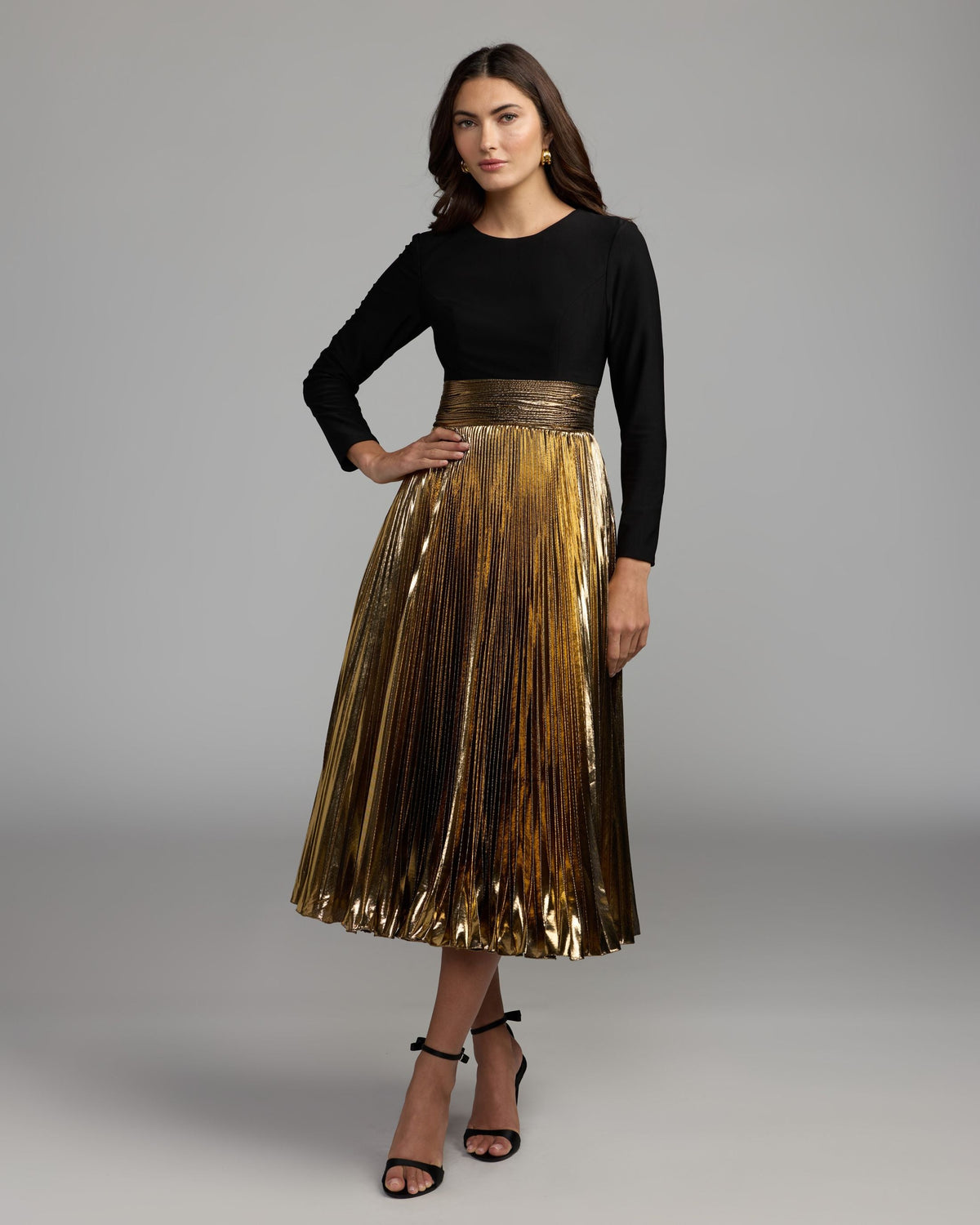 Black Gold Long Sleeve Pleated Midi Dress Contemporary Collection