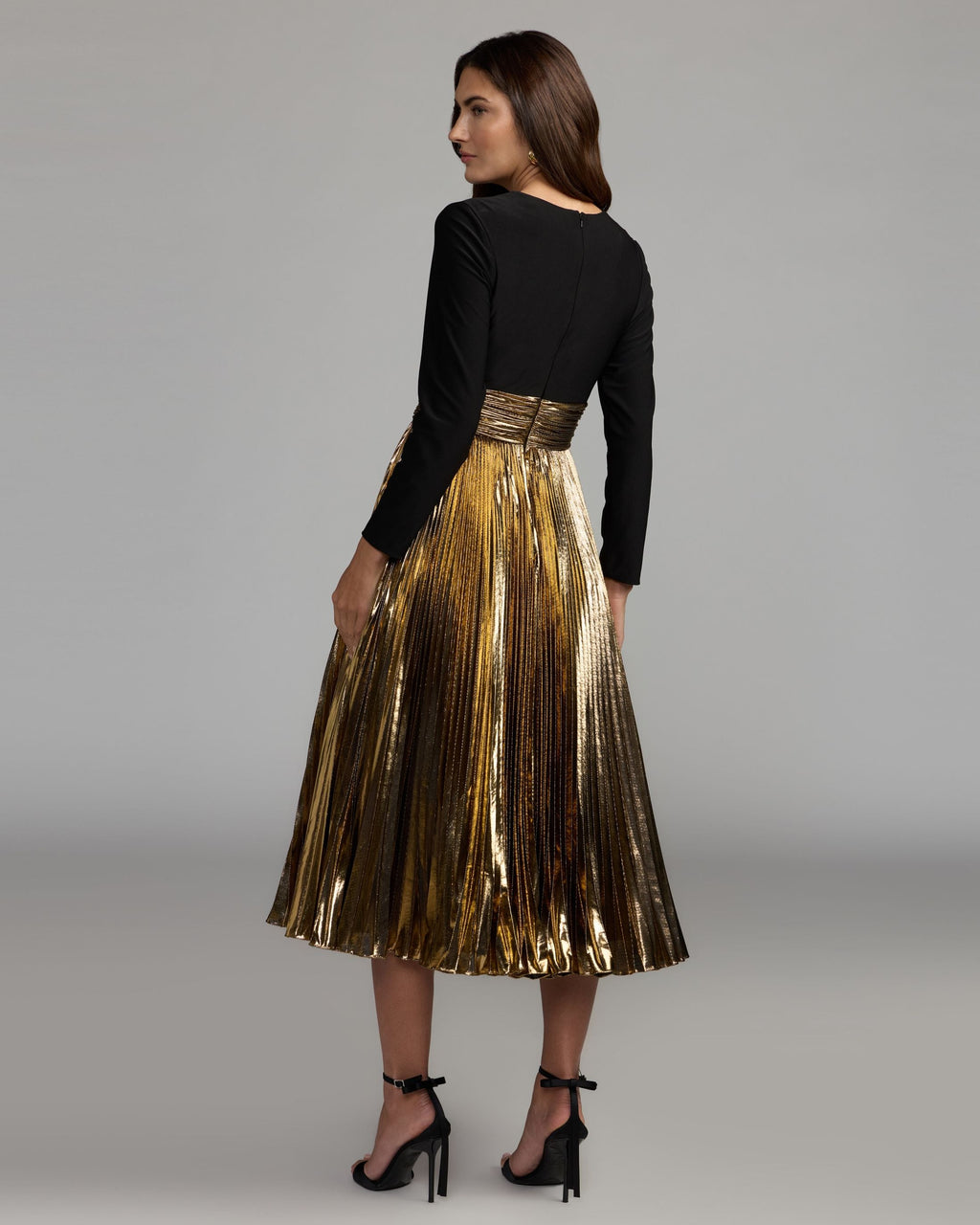 Black Gold Long Sleeve Pleated Midi Dress Contemporary Collection