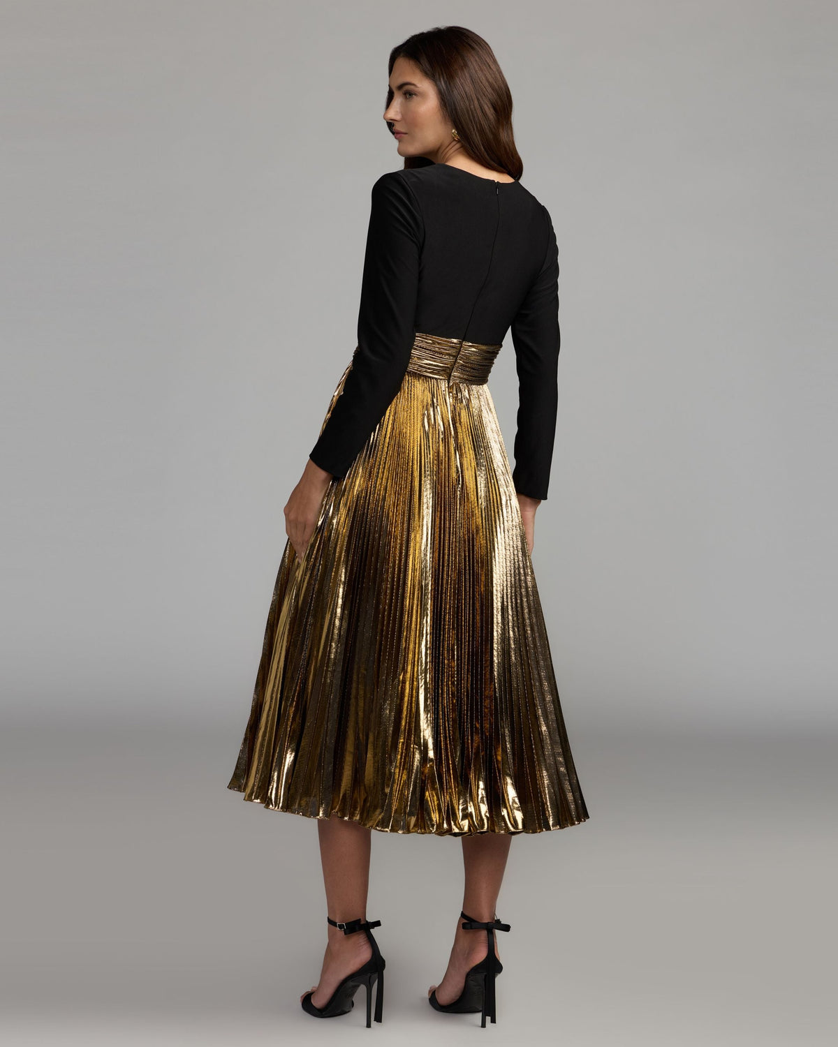 Black Gold Long Sleeve Pleated Midi Dress Contemporary Collection