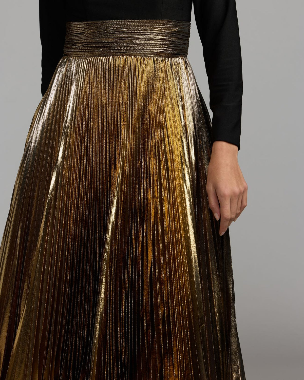 Black Gold Long Sleeve Pleated Midi Dress Contemporary Collection