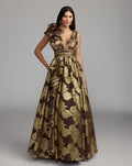 Brown Metallic V-Neck Ruffle Detail Ball Gown - Designer Collection