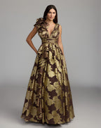 Brown Metallic V-Neck Ruffle Detail Ball Gown - Designer Collection