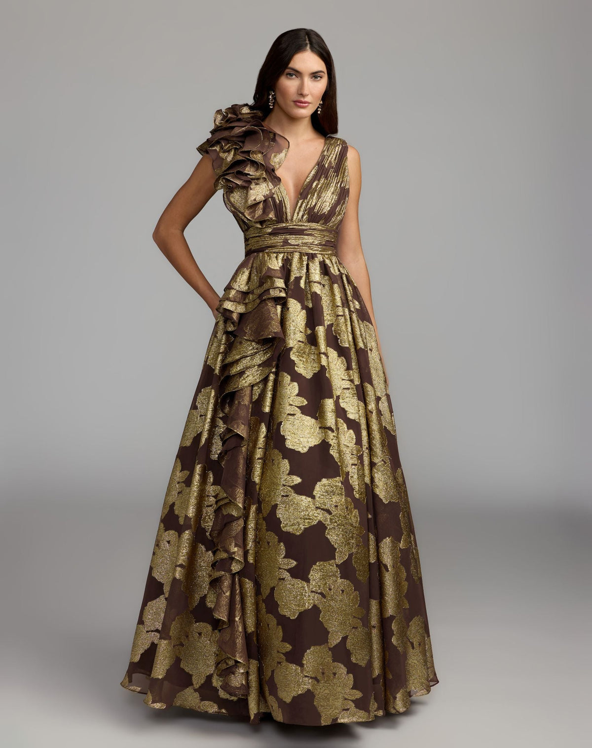 Brown Metallic V-Neck Ruffle Detail Ball Gown - Designer Collection