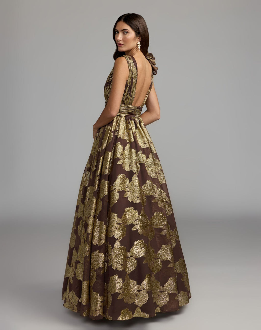 Brown Metallic V-Neck Ruffle Detail Ball Gown - Designer Collection
