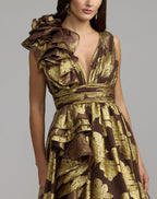 Brown Metallic V-Neck Ruffle Detail Ball Gown - Designer Collection