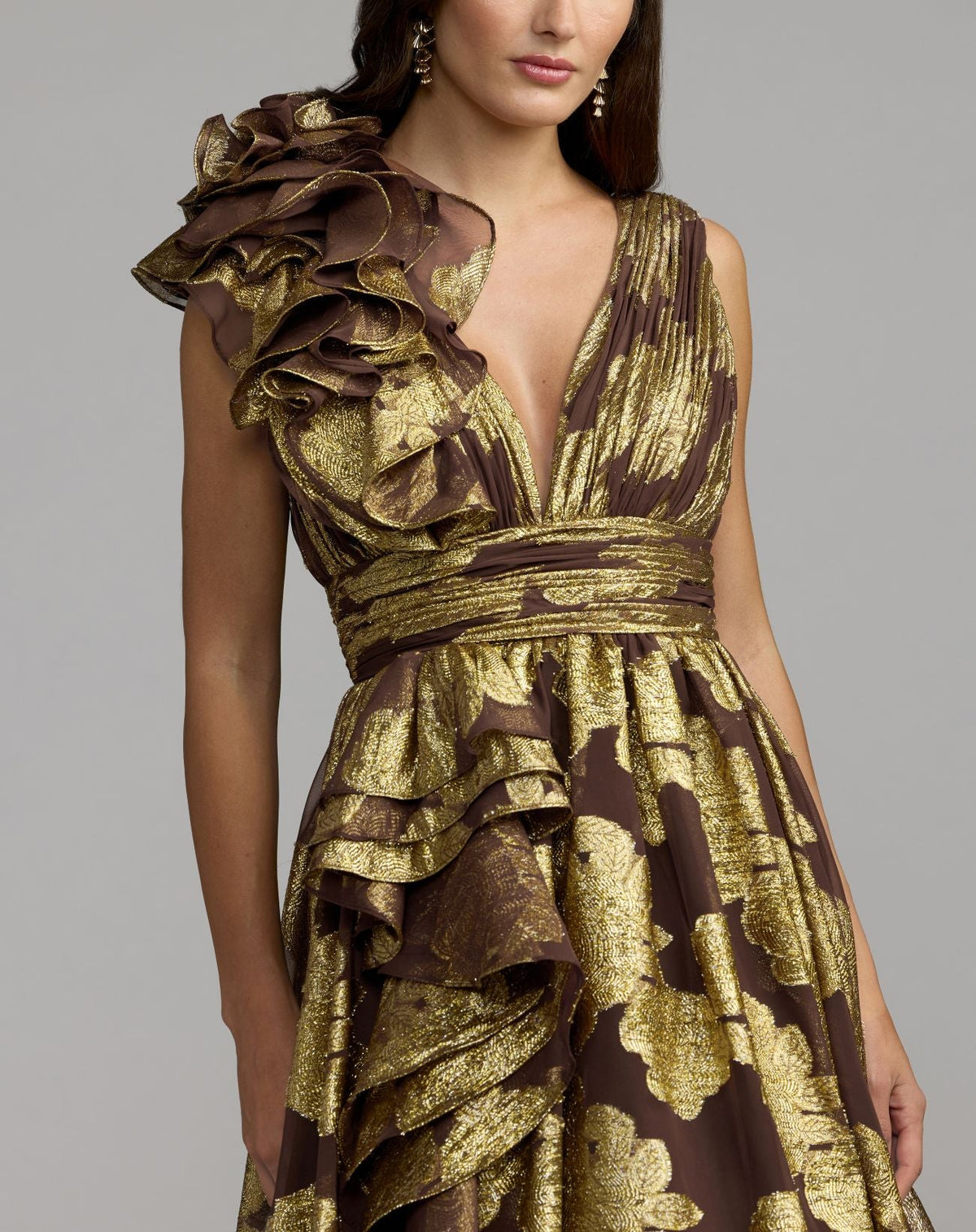 Brown Metallic V-Neck Ruffle Detail Ball Gown - Designer Collection