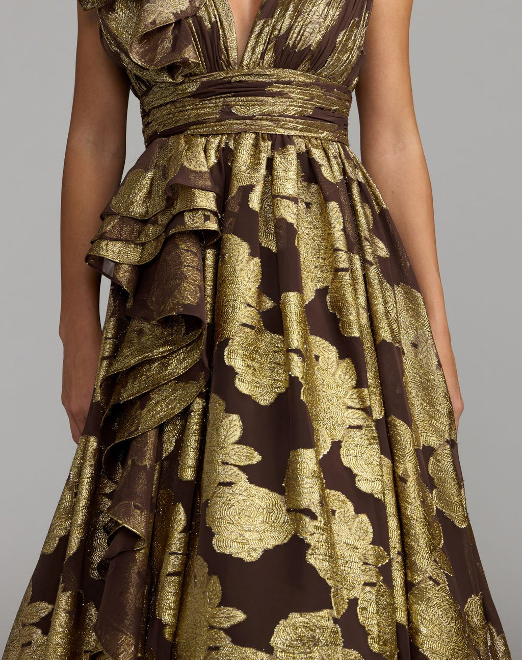 Brown Metallic V-Neck Ruffle Detail Ball Gown - Designer Collection