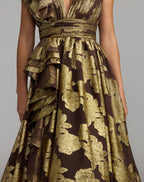 Brown Metallic V-Neck Ruffle Detail Ball Gown - Designer Collection