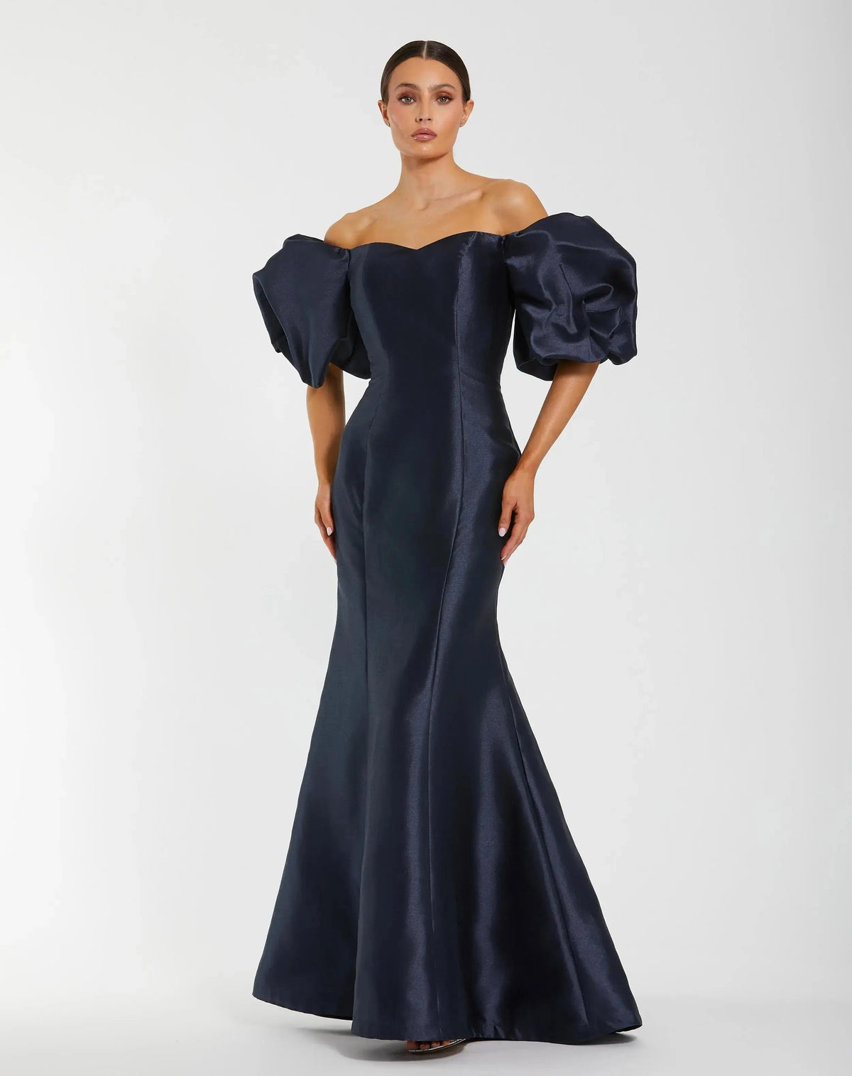 Navy Sweetheart Off The Shoulder Puff Sleeve Gown - Designer Collection