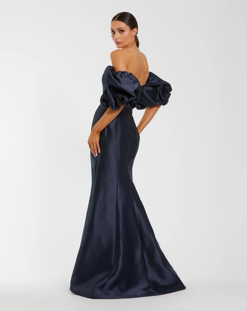 Navy Sweetheart Off The Shoulder Puff Sleeve Gown - Designer Collection