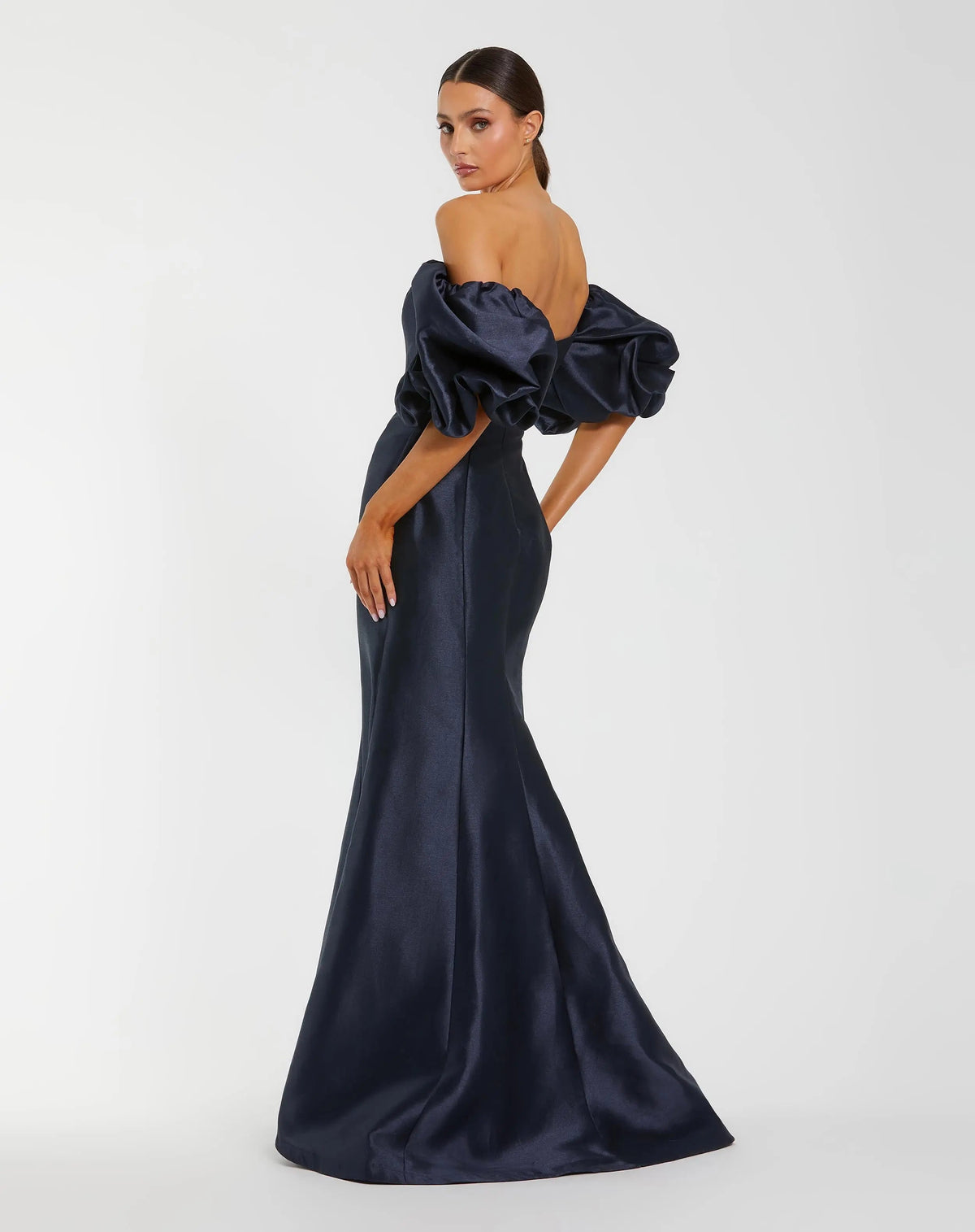 Navy Sweetheart Off The Shoulder Puff Sleeve Gown - Designer Collection