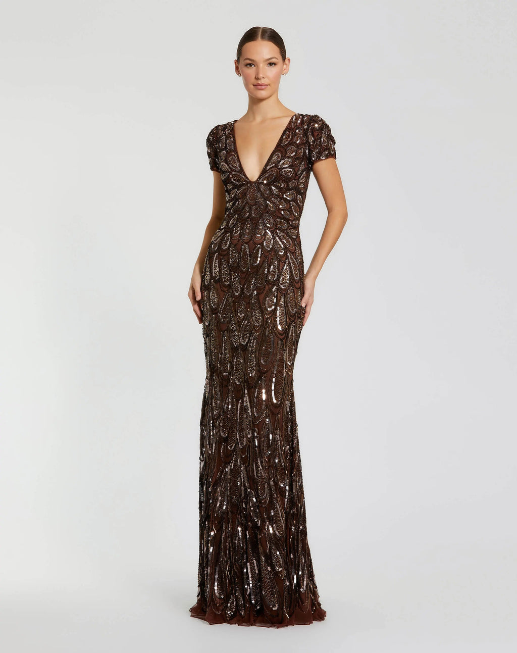 Brown Beaded Embellished V Neck Cap Sleeve Column Gown - Designer Collection