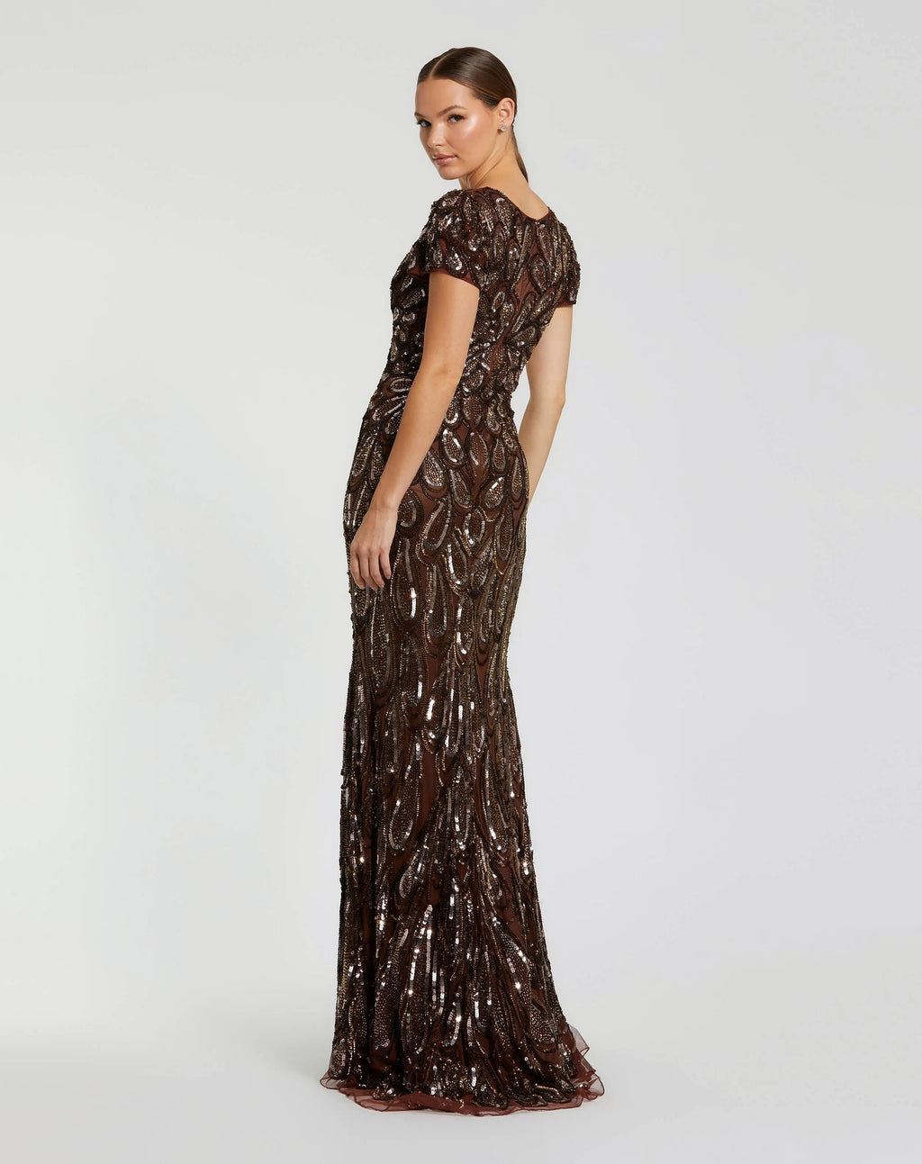Brown Beaded Embellished V Neck Cap Sleeve Column Gown - Designer Collection
