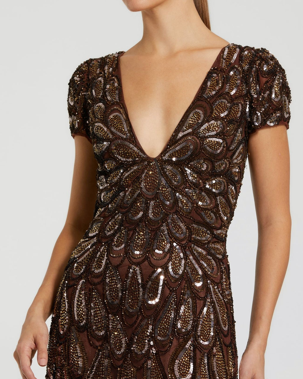 Brown Beaded Embellished V Neck Cap Sleeve Column Gown - Designer Collection