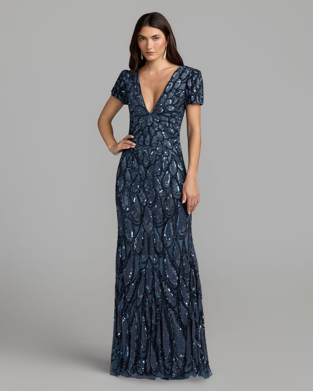 Blue Embellished Deep V Column Gown Designer Collection