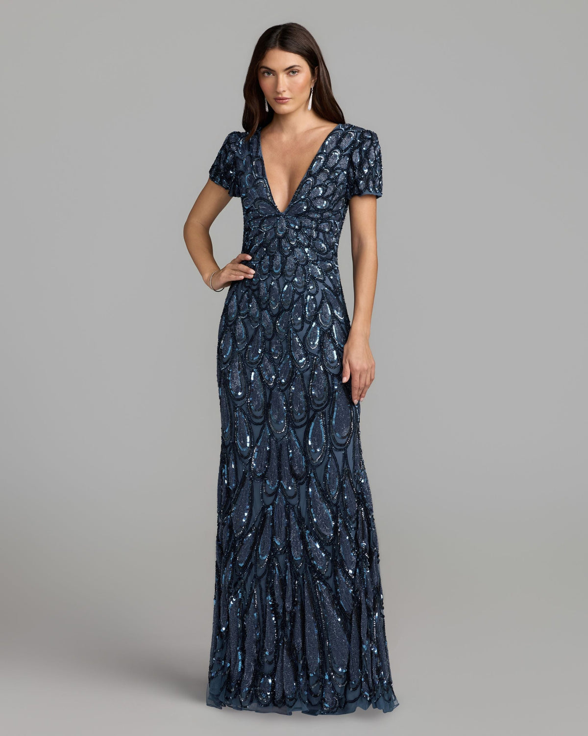 Blue Embellished Deep V Column Gown Designer Collection