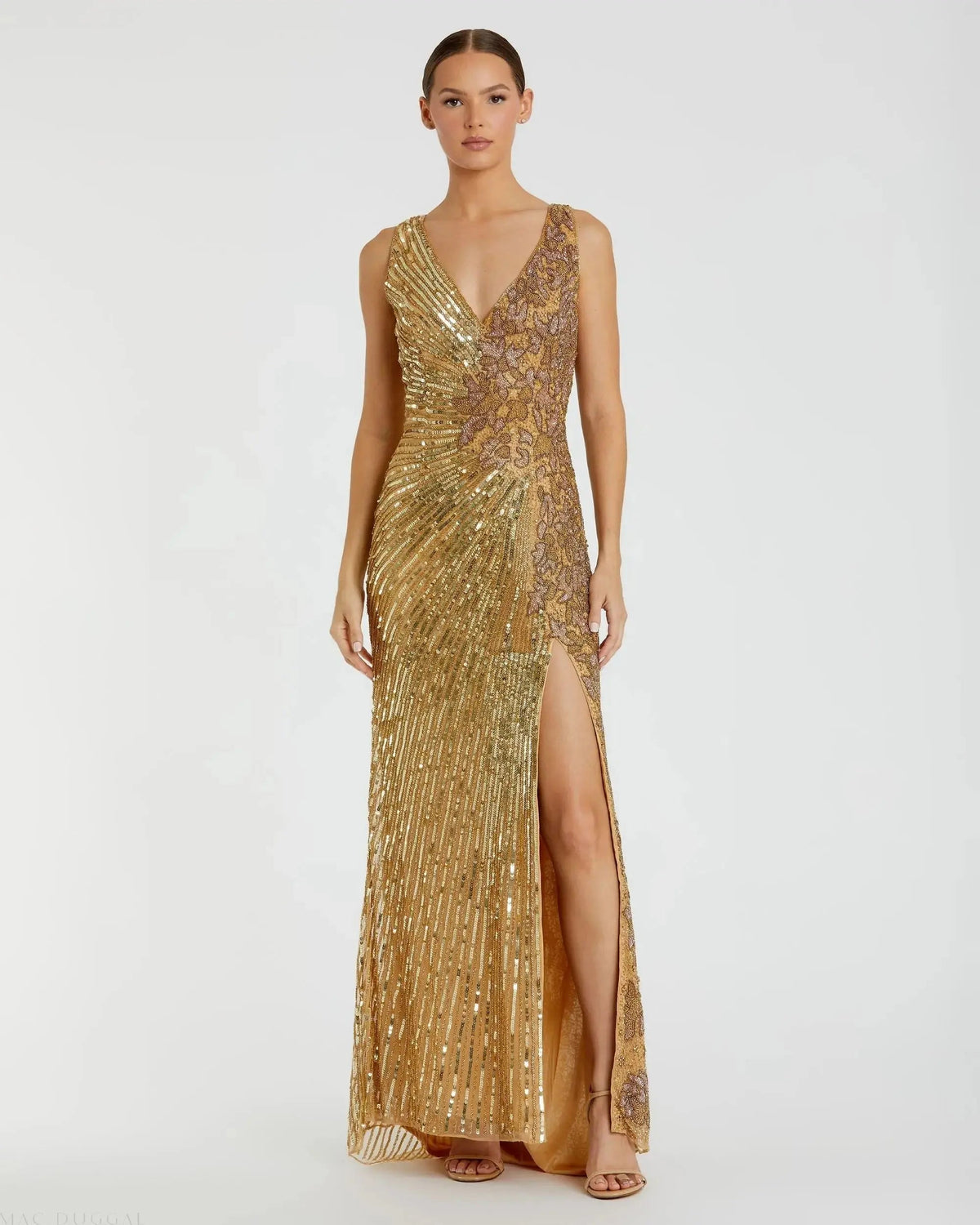 Gold Beaded Floral Sleeveless Gown - Designer Collection