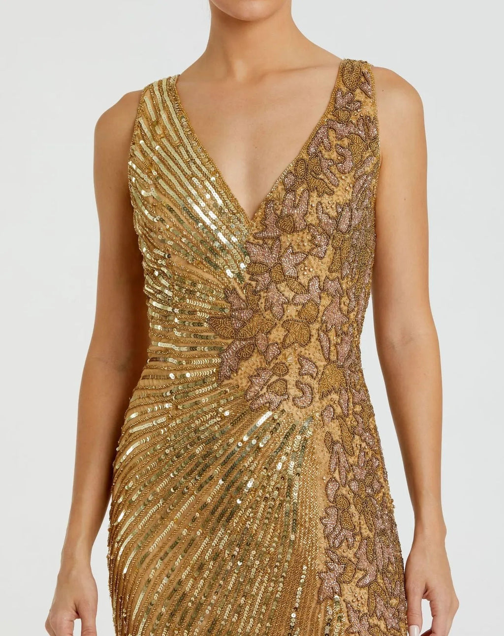 Gold Beaded Floral Sleeveless Gown - Designer Collection