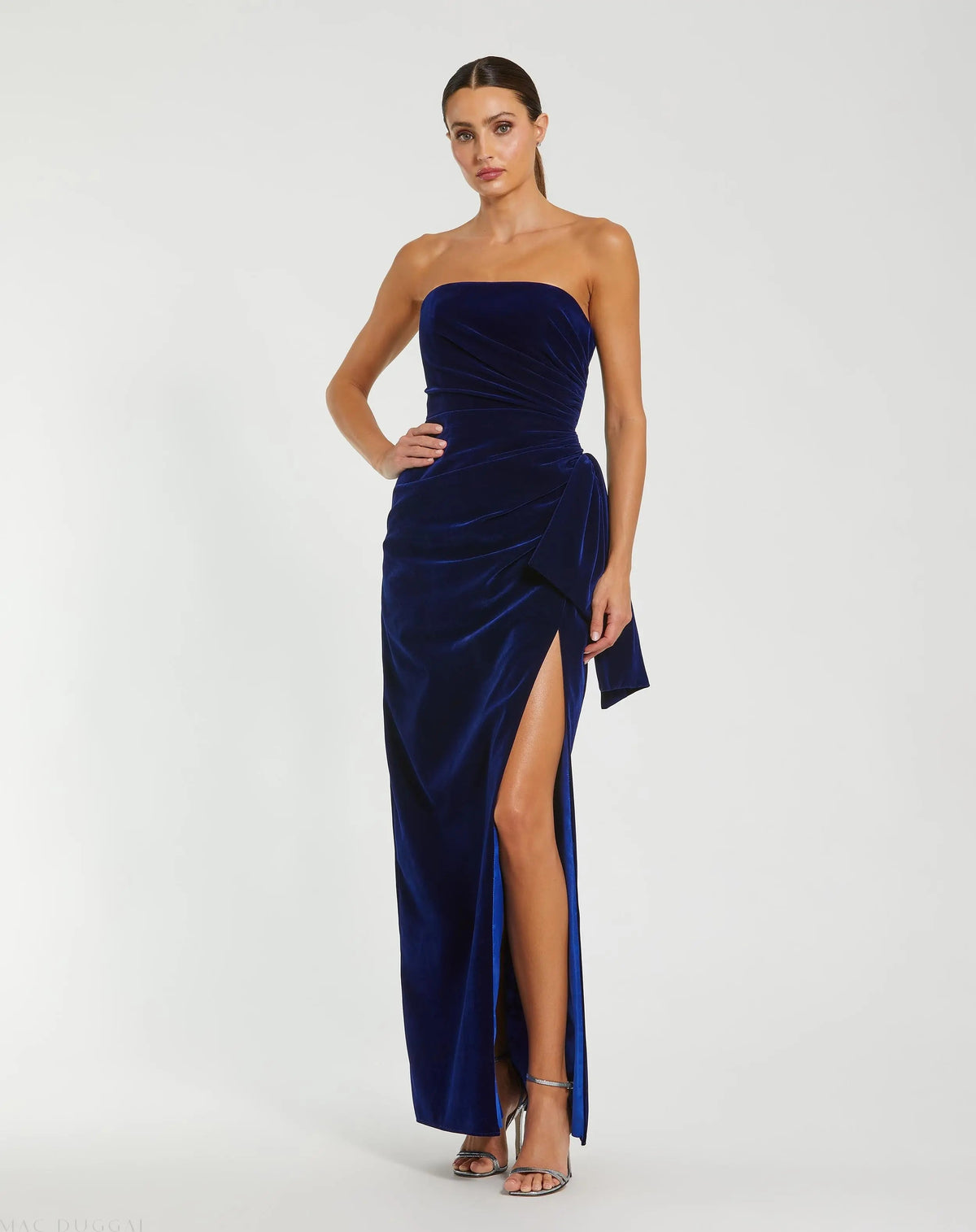 Blue Strapless High Slit Draped Velvet Gown - Designer Collection