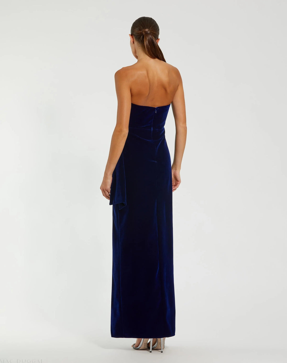Blue Strapless High Slit Draped Velvet Gown - Designer Collection