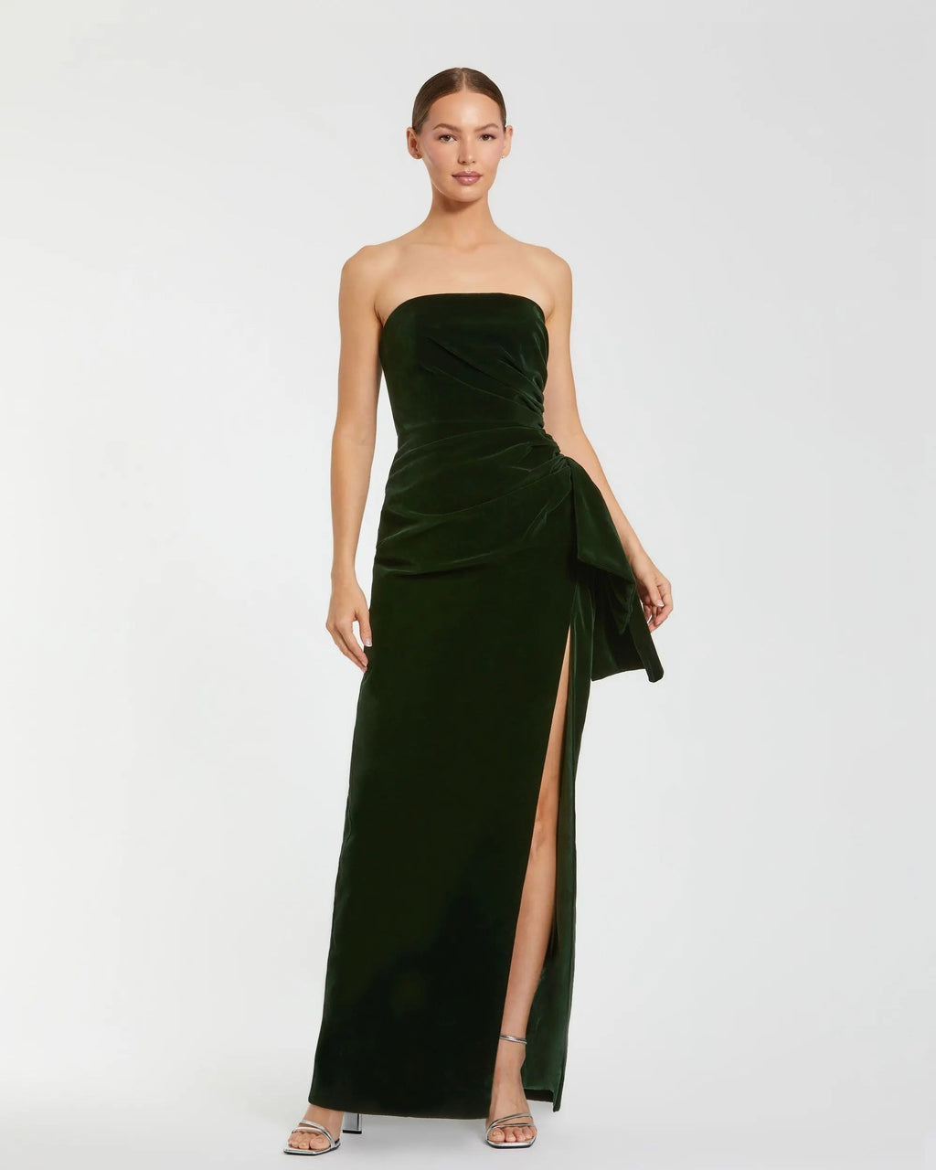 Green Strapless High Slit Draped Velvet Gown Contemporary Collection