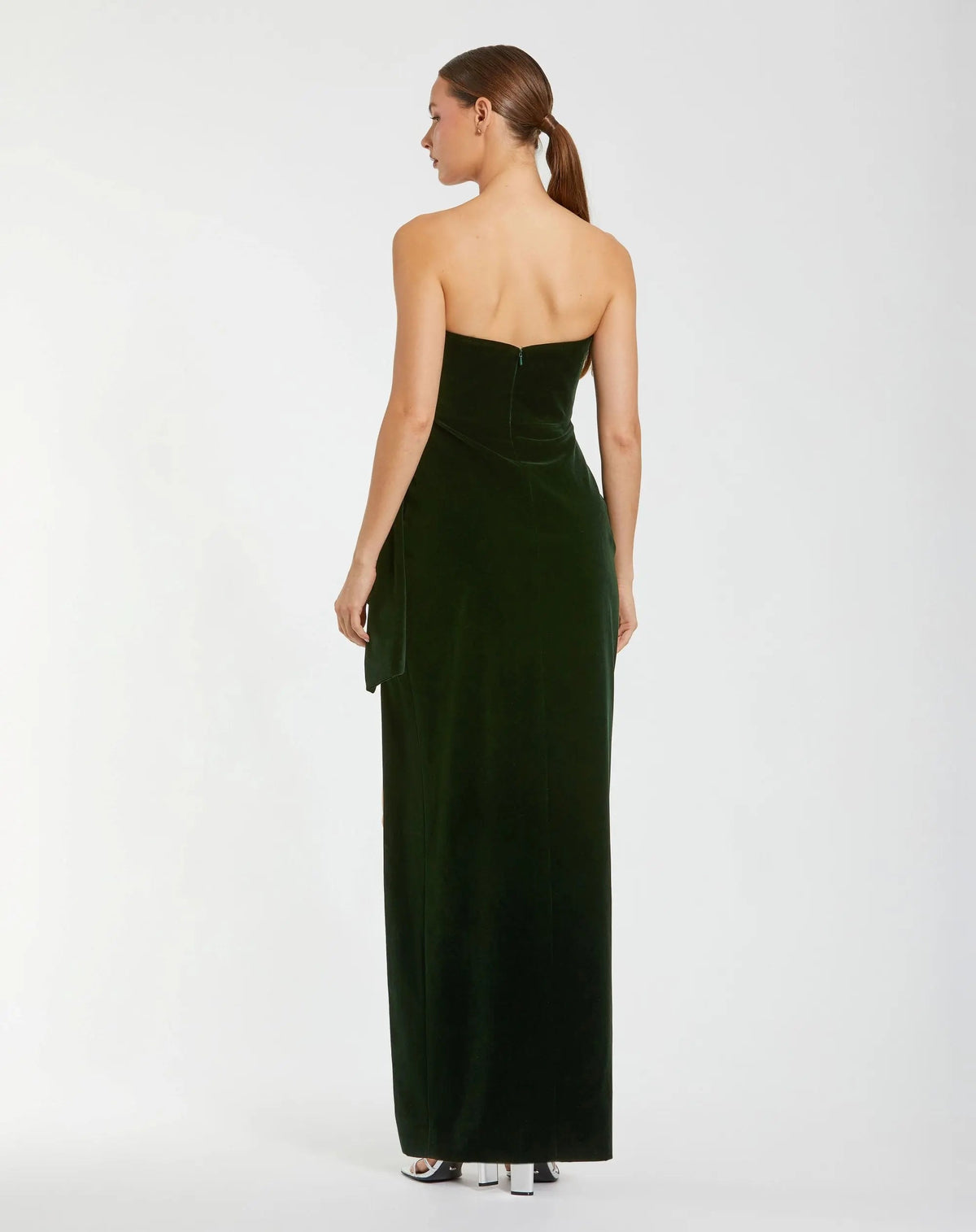 Green Strapless High Slit Draped Velvet Gown Contemporary Collection